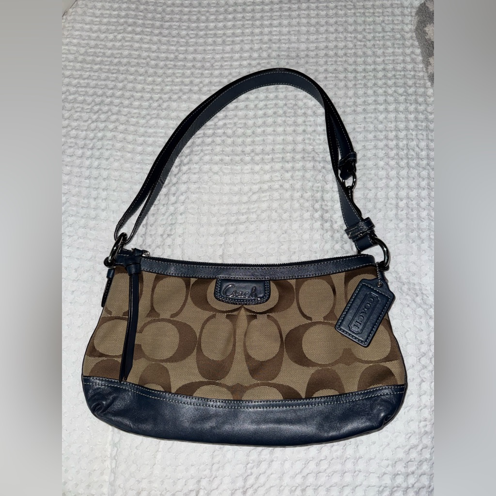 Coach Park Khaki Blue Leather Signature Duffle Shoulder Bag